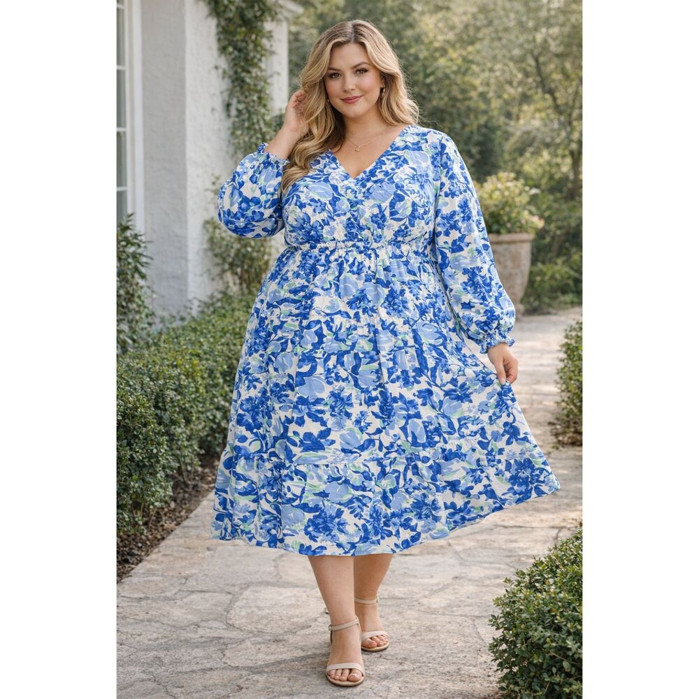 Creator Concept Floral Maxi Dress Women XXL Blue Ruffle Long Sleeve Boho NWT